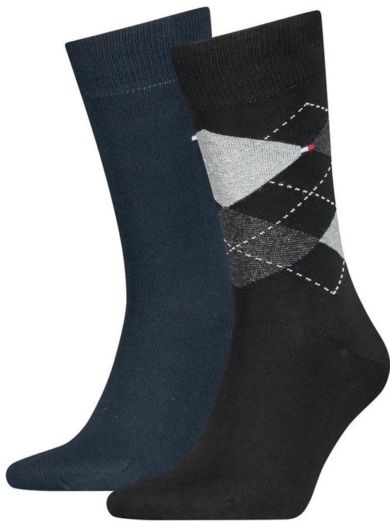 Tommy Hilfiger Check Socks (2-pack) - herensokken katoen - geruit en uni - zwart