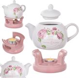 KADAX Theepot 1 l met verwarmer set, koffiepot van porselein met deksel, handvat en theeverwarmer, kan met theelichtwarmer voor thee, theeservies (roze/wit)