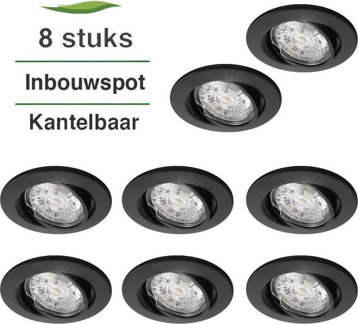 Lybardo 8 Stuks Inbouwspot LED - Inbouw armatuur Lucca - Kantelbaar - Rond - Zand Zwart