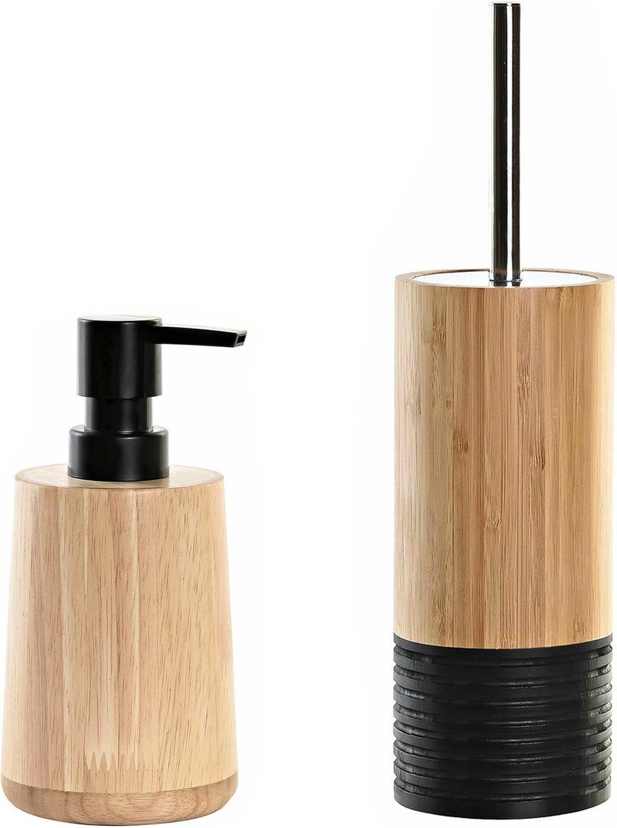 Toiletborstel met houder en zeeppompje bamboe/rvs - Lichtbruin