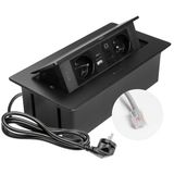 GTV – Inbouwstopcontact MULTISOFT zwart met 2x stopcontact met aarding, USB A+C, RJ45, intrekbaar met afdekking, 1,5 m kabel, voor keuken, kantoor, vergader- en werktafel
