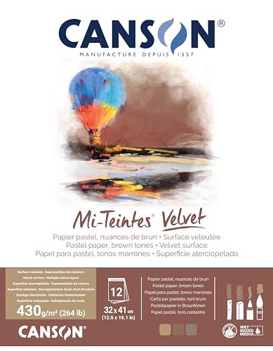 CANSON Mi-Teintes Velvet pastelpapier, fluweelachtig oppervlak, 430 g/m², blok aan de korte kant, 32 x 41 cm, 3 bruine tinten, 12 vellen
