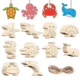 Blocs en bois kit de bricolage enfants - Pendentifs animaux marins - 20 pièces - Strass et cordon
