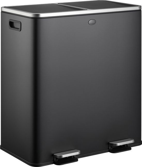 HÜSQ Prullenbak 60 Liter (30+30L) - Grote Pedaalemmer in Metaal met 2 Vakken voor Afvalscheiding - Soft-close Duo Afvalbak voor Kantoor of Keuken - Vuilnisbak in RVS - Prullenbak 60 Liter - mat zwart