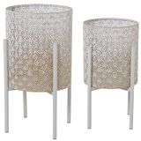 DRW Set van 2 plantenbakken van metaal met poten in wit en goud, 31 x 31 x 58 cm