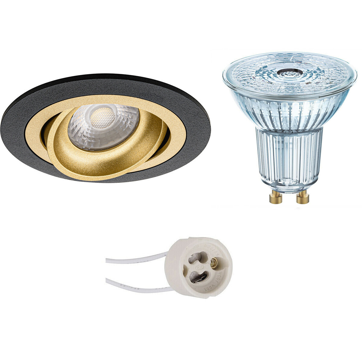 BES LED Voordeelset: LED Spot Set - OSRAM Parathom PAR16 940 36D - Pragmi Alpin Pro - GU10 Fitting - Dimbaar - Inbouw Rond - Mat Zwart/Goud - 3.7W - Natuurlijk Wit 4000K - Kantelbaar Ø92mm