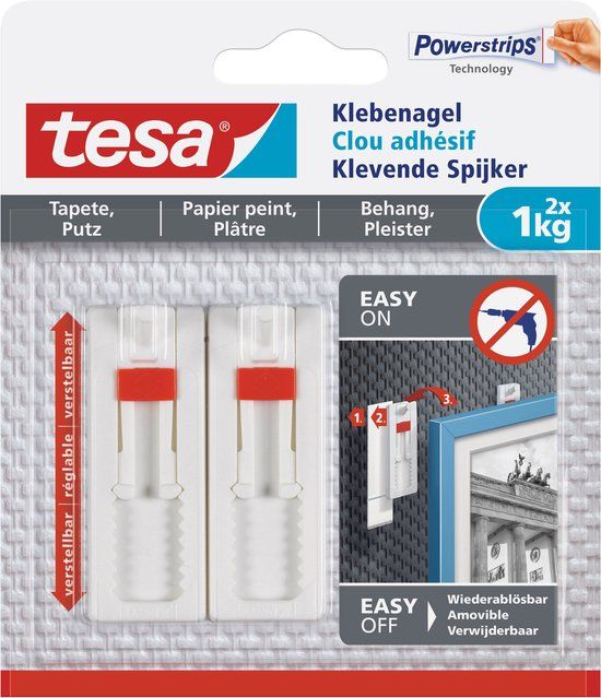 Tesa Verstelbare Klevende Spijker voor behang & pleisterwerk - 1kg - 2 stuks - Wit