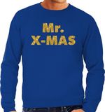 Bellatio Decorations Mr. X-mas Foute Kersttrui sweater - gouden glitter letters - blauw - voor heren - kerstkleding XXL