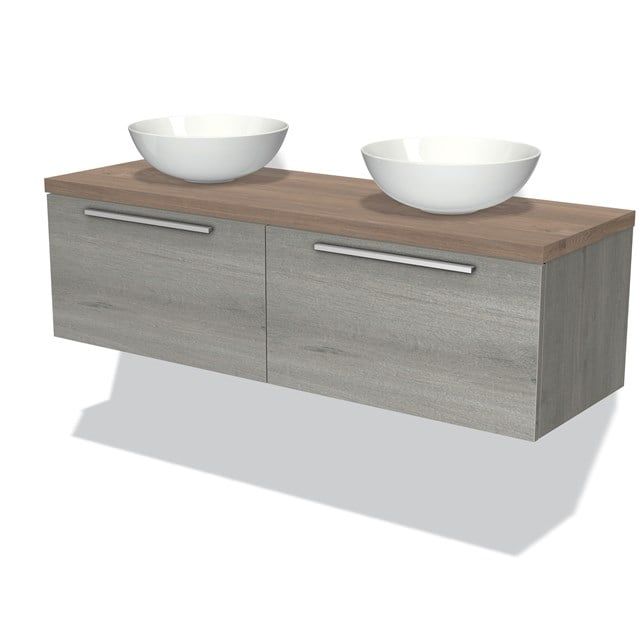 Maxaro Badkamermeubel Modulo Plato 140cm Grijs Eiken 2 Lades Middenbruin Eiken Blad