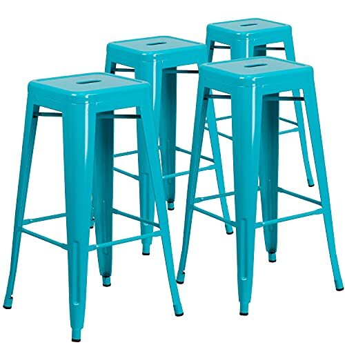 Flash Furniture Metalen Kleurrijke Restaurant Barkruk, Plastic, Ijzer, Crystal Teal-Blue, 4 Pack