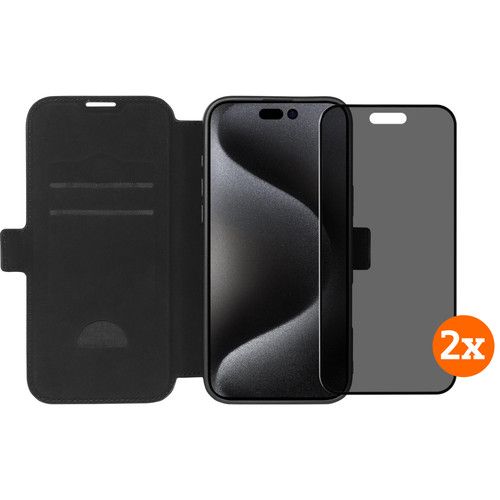 BlueBuilt Apple iPhone 16 Pro Max Book Case Leer Zwart + Privacy Screenprotector Duo Pack