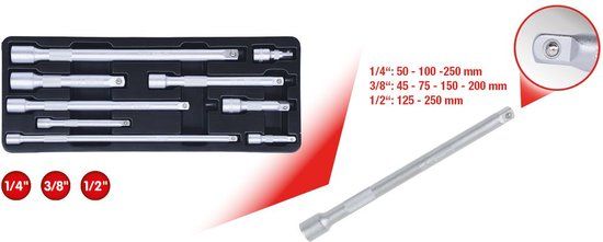 KS Tools 911.0007 Verlengstukset - 9-dlg - 1/4\"+3/8\"+1/2\"