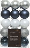 Decoris Kerstballen - 30x - 6 cm - kunststof - donkerblauw/wit/zilver