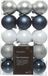 Decoris Kerstballen - 30x - 6 cm - kunststof - donkerblauw/wit/zilver