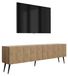 3xE living meuble TV avec panneaux avant rainurés, placage chêne, pieds noirs inclinés