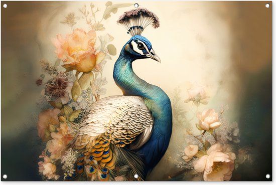 GreatGardenPosters Tuinposter - Pauw - Pauwenveren - Bloemen - Vogels - Botanisch - 120x80 cm - Tuin - Outdoor