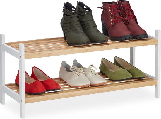 Merkloos Relaxdays Schoenenrek - 2 Etages - Bamboe - 6 Paar Schoenen - 33 x 70 x 26 cm - Wit/Bruin