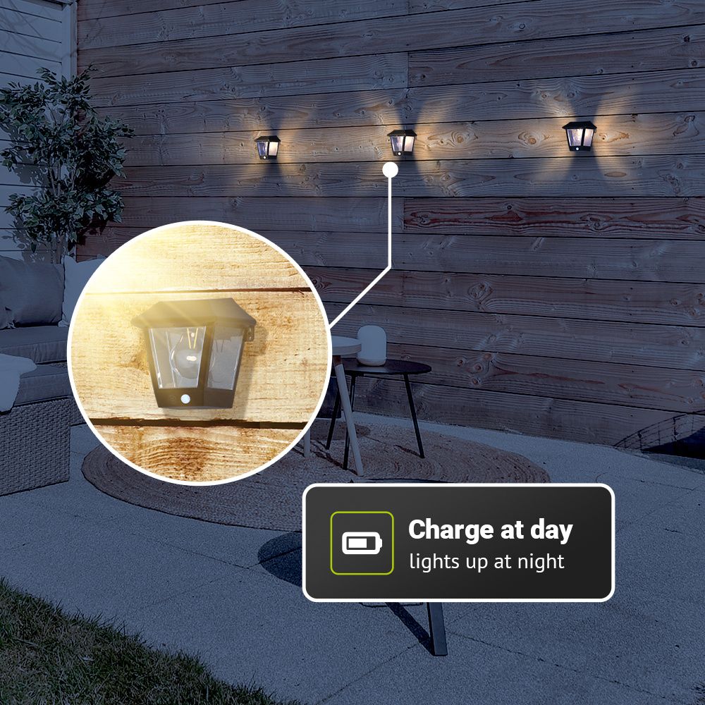 HOFTRONIC™ Cairo Set van 2 Solar Wandlamp met PIR Bewegingssensor, Warm Wit Licht, IP44 Waterdicht, Zwart