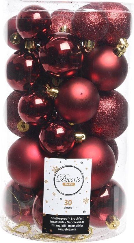 Kerstballen 30 stuks - onbreekbaar - glans-mat-glitter assorted - ossenbloed rood