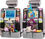 Famanu – Organisateur de siège auto – Protecteur de siège auto – avec support de tablette avec écran tactile – Organisateur de siège arrière pour enfants – Accessoires de voyage – Tapis de protection avec 9 compartiments de rangement – 2 pièces – gris