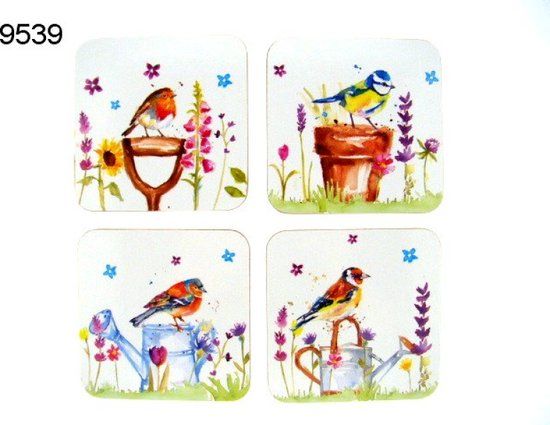 Lesser & Pavey Garden Birds Onderzetters - 4 stuks - Vierkant - Multicolor
