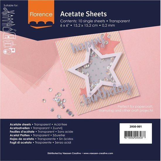 Florence Acetaatvellen - Transparant - 15,2 x 15,2 cm - 0,2 mm - 12 Plastic Vellen