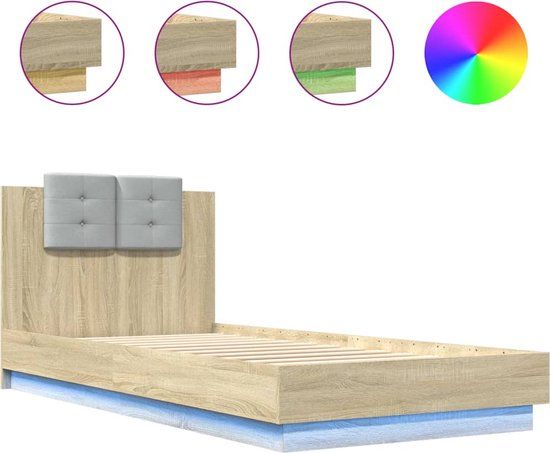 vidaXL Bedframe met hoofdbord en LED, Sonoma eikenkleurig, 90x200 cm