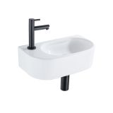 QeramiQ Fuente Fonteinset - 40x21.5x12cm - links - glad - halfrond - 1 kraangat - keramiek - fonteinkraan zwart mat - afvoerplug - verlaagd sifon - wit glans