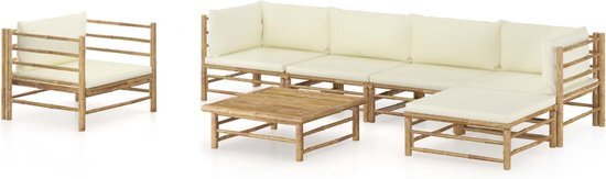 The Living Store Bamboe Lounge Tuinmeubelset - 65x70x60 cm - Cr&#232;mewit kussen - Montage vereist - Inclusief 2 hoekbanken - 2 middenbanken - 1 stoel - 1 voetenbank - 1 tafel - 6 zitkussens en 7 rugkussens