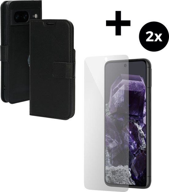 Mobiparts Classic Wallet Case for Google Pixel 8 - Black with 2x Tempered Glass Screen Protectors