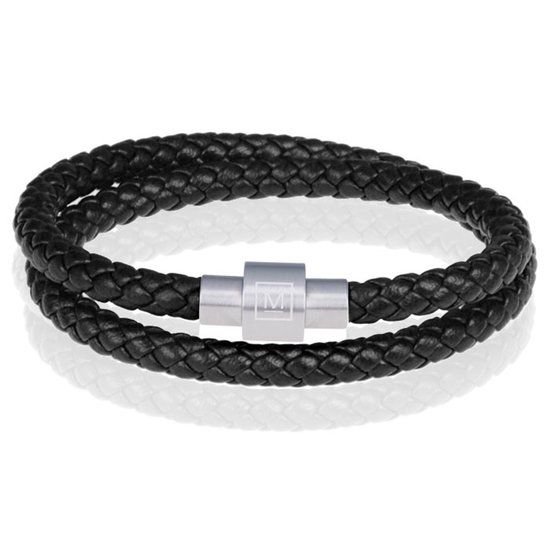 Memphis Leren Wrap Armband Zwart Zilverkleurig - 20cm