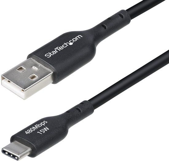 StarTech.com 2m USB-A naar USB-C Laadkabel, Charge & Sync, 3A, USB 2.0, TPE Mantel - Zwarte USB Oplaadkabel