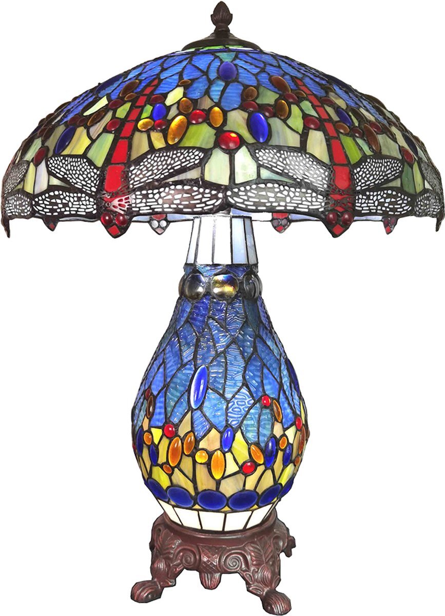 Lumilamp Tiffany Tafellamp Ø 46*65 cm E27/max 2*40W E14/max 1*7W Blauw Rood Glas Zink Tiffany Bureaulamp Tiffany Lampen