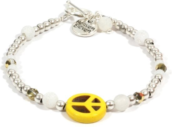 Heaven Eleven dames Armband RVS kralen - wit - yellow peace