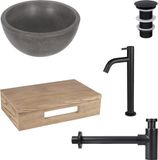 Differnz Ruz fonteinset - lavabo béton gris foncé - robinet eau froide haut noir mat - incluant tablette de lavabo chêne clair