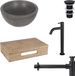 Differnz Ruz fonteinset - lavabo béton gris foncé - robinet eau froide haut noir mat - incluant tablette de lavabo chêne clair