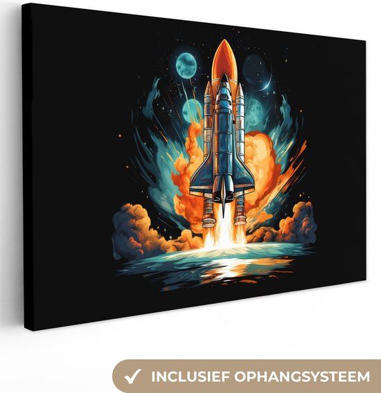 OneMillionCanvasses Canvas Schilderij 180x120 cm - Retro Raket - Wanddecoratie