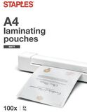 Staples Laminating Pouches A4, 216 x 303 mm, 2 x 75 micron, Matte