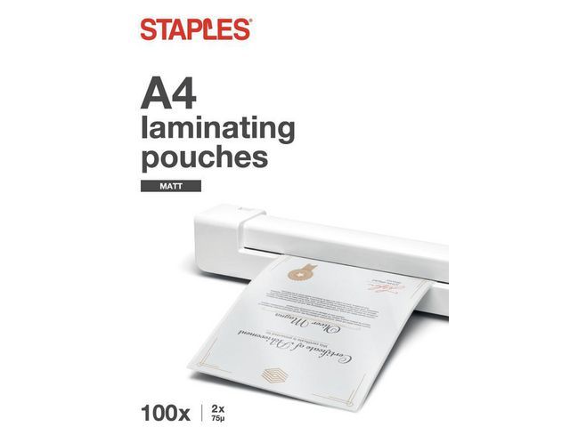 Staples Laminating Pouches A4, 216 x 303 mm, 2 x 75 micron, Matte