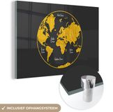 MuchoWow® Glasschilderij 150x100 cm - Wereldkaart - Cirkel - Goud - Acrylaat