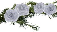Merkloos Kerstboomversiering Bloemen - 4x stuks - 9 cm - zilver glitter - op clip - ornament