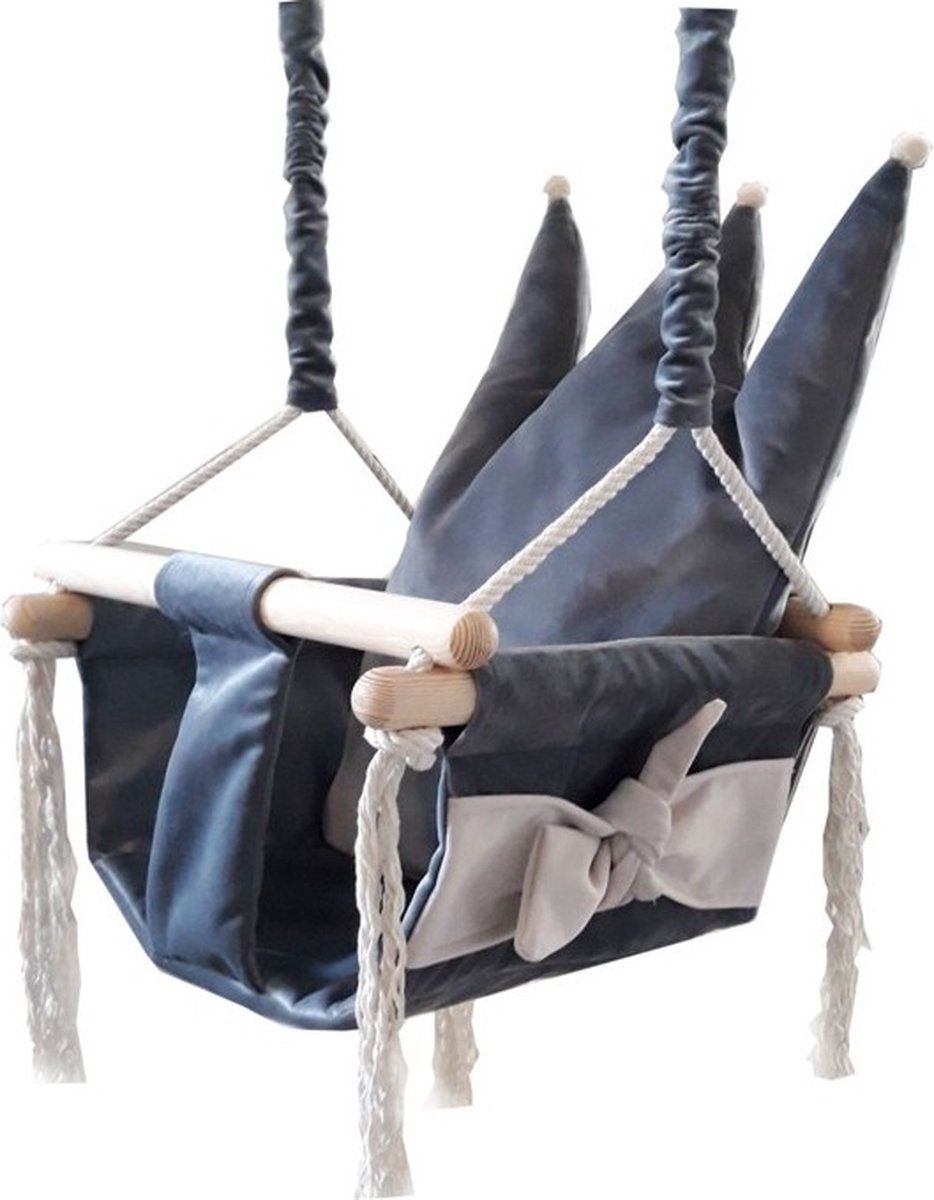LoveGifts Luxe houten donker grijze baby schommel met kroon kussen