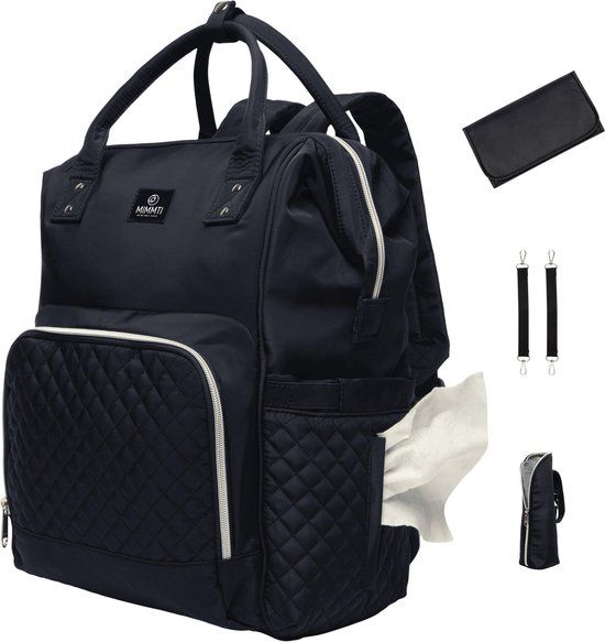 MIMMTI Luiertas Rugzak met Verschoonmatje - Zwart - Inclusief flessenwarmhouder - kinderwagenhaken en isoleervak