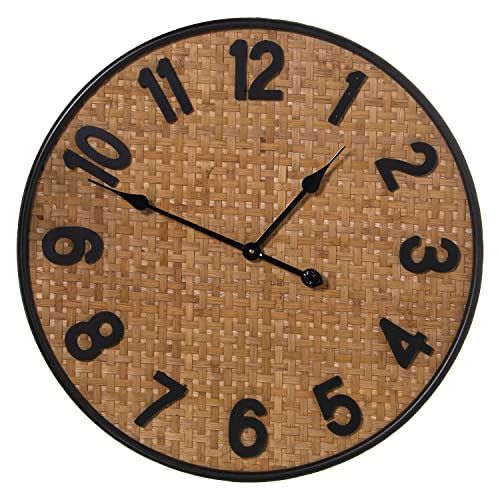 DRW Ronde wandklok van metaal en rieten in natuur en zwart 60 x 5 cm