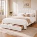 Lit Double 160x200 cm, Lit avec Tiroir de Rangement et Port de Charge USB Type C, Tissu en Lin, Sommier à Lattes, Tête de Lit Réglable, Beige