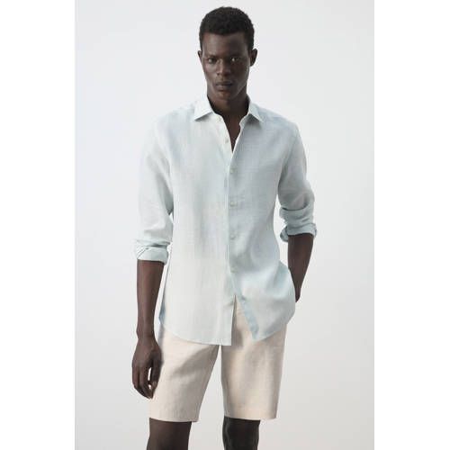 Mango Man slim fit overhemd met krijtstreep en linnen - groen