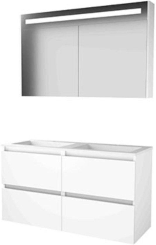 Basic-Line Premium 46 Badkamermeubelset - 120 x 46 cm - Greeploos - 4 Lades - Acryl Wastafel - 2 Kraangaten - Spiegelkast met LED Verlichting - Ice White