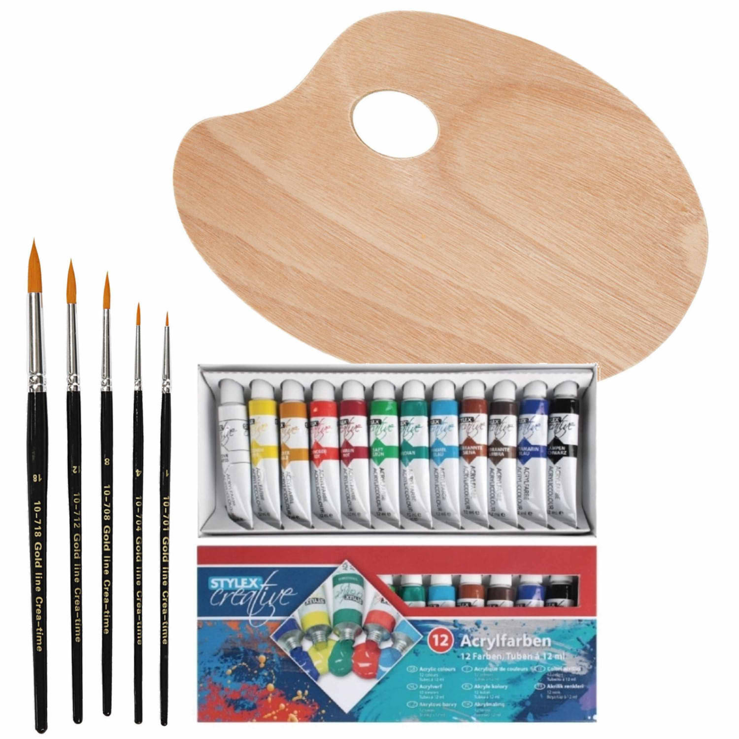 Toppoint Hobby/knutsel schilderen set van 12 kleuren acryl verf met houten palet en 5 verfkwasten