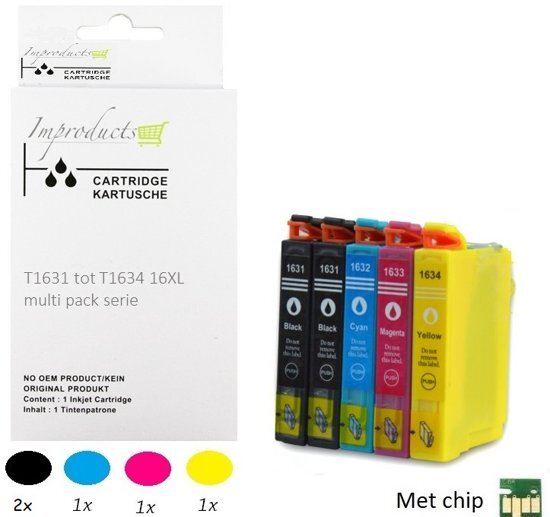 Improducts Â® Huismerk Inktcartridge Alternatief Epson 16XL Multipack + extra zwart inktcartridges, 5 pack (2x zwart T1631, 1x cyaan T1632, 1x magenta T1633, 1x geel T1634) = set + zwart