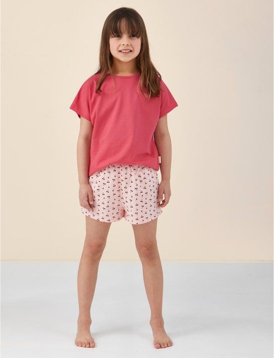 Little Label - Meisjes Pyjama Kort - Roze Kersjes - 122-128 / 8Y - Extra Zachte Bio-Katoen